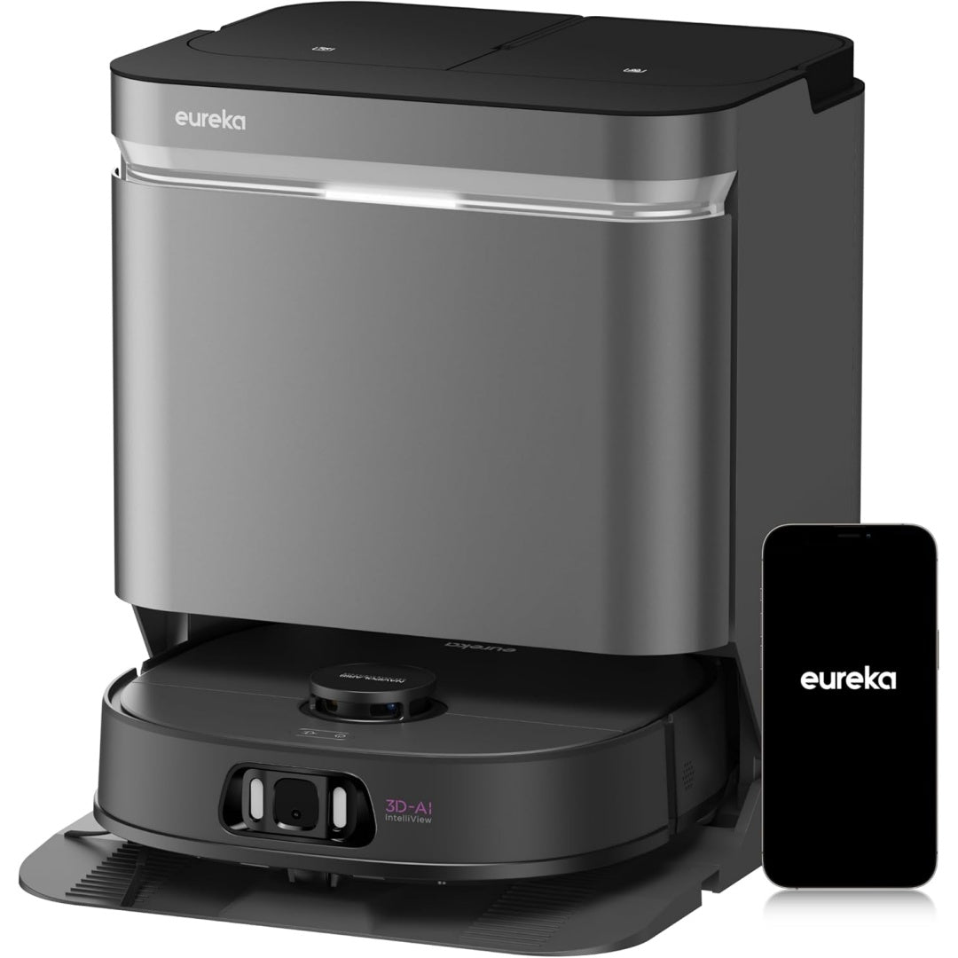 Ensemble robot et base de lavage associant le nettoyage automatise des sols au coloris gris et noir
