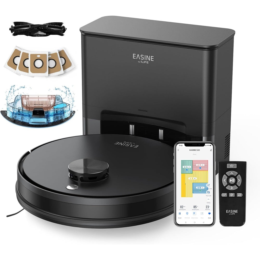 Robot avec base de collecte avec le nettoyage automatise des sols, coloris gris et noir