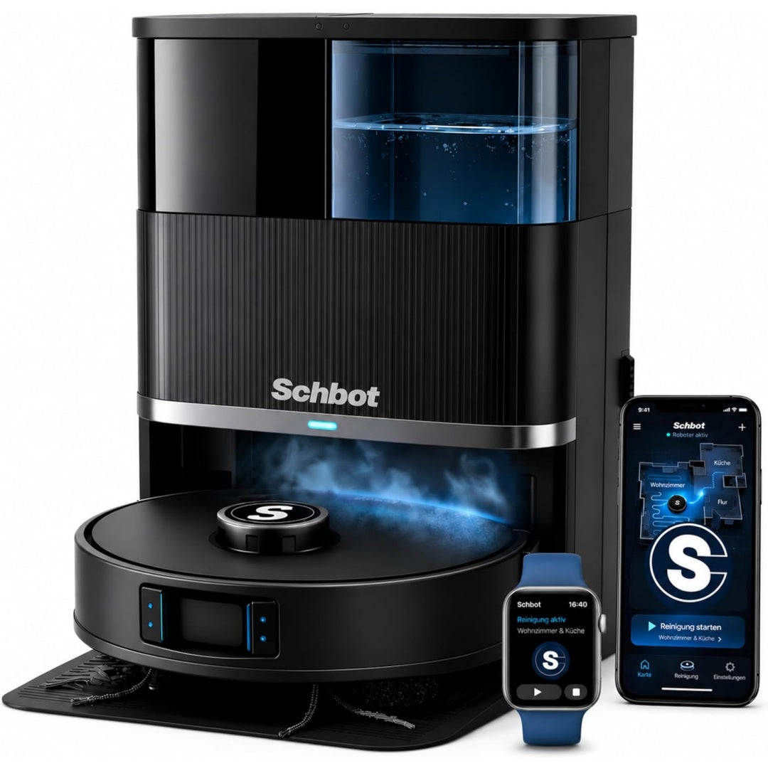 Robot de nettoyage avec base multifonction associant une technologie lithium ion au coloris noir et gris
