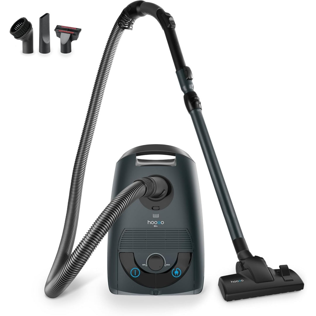 Aspirateur traineau avec une puissance annoncee de 850 W, coloris gris et noir