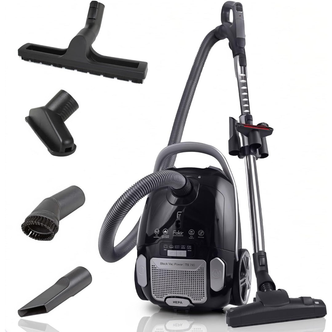 Aspirateur eau et poussiere avec des dimensions annoncees de 46,9 x 31,5 x 25,5 cm, coloris noir et argente
