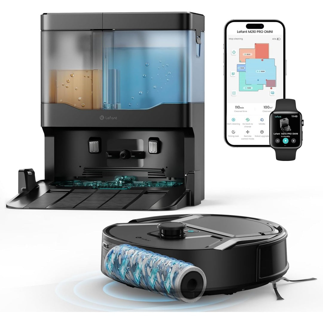 Ensemble robot et station de lavage associant l'entretien des tapis et une contenance annoncee de 2,4 l