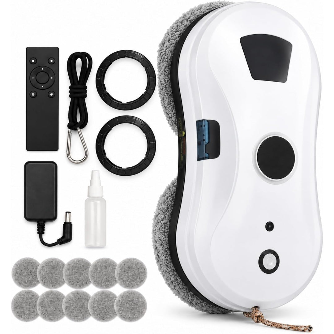 Robot lave vitres, coloris blanc et gris, avec le deplacement sur la vitre