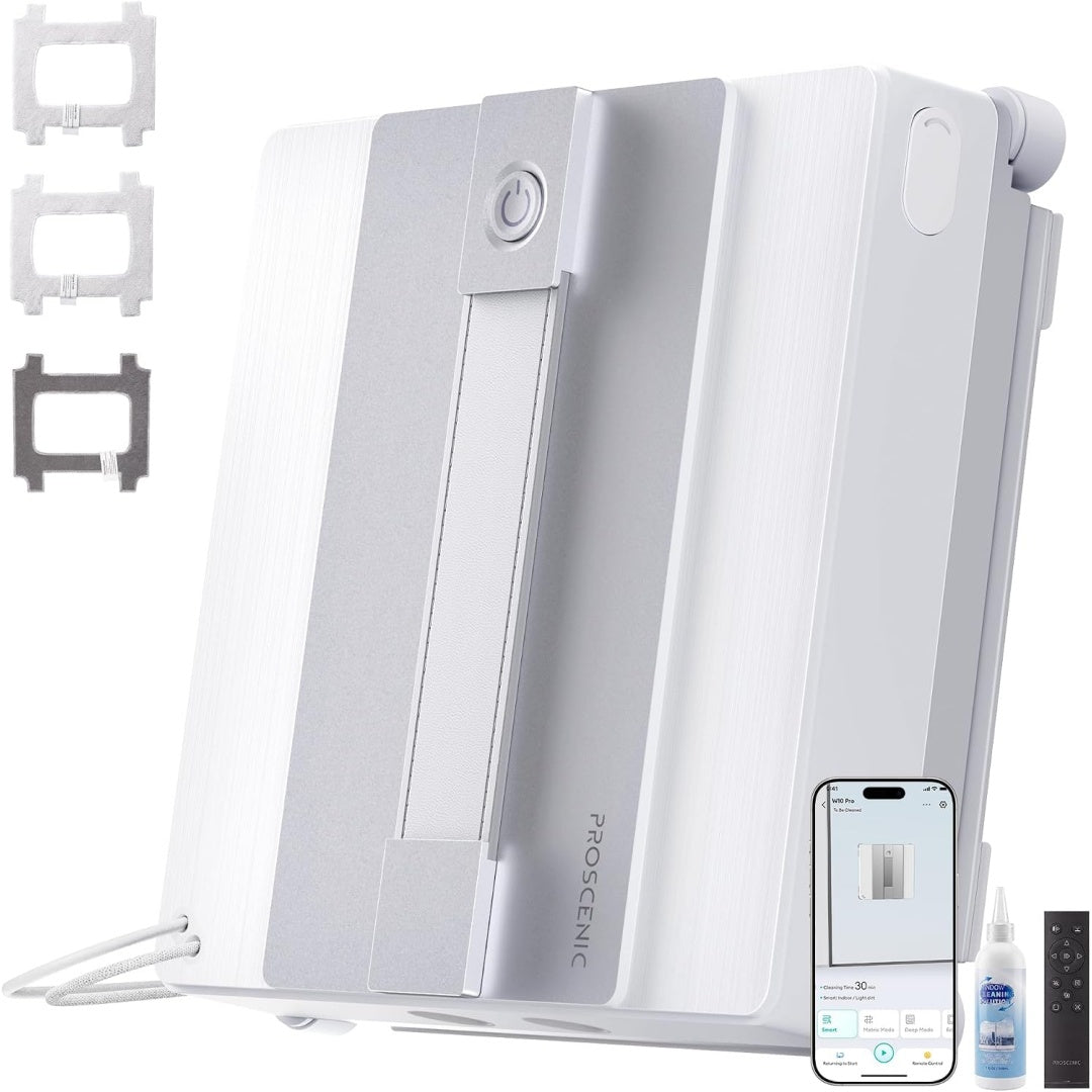 Robot nettoyeur de fenetres associant un format compact au coloris blanc et gris