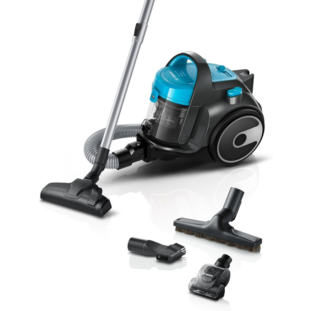 Aspirateur de sol sur roues associant la collecte sans sac au coloris turquoise